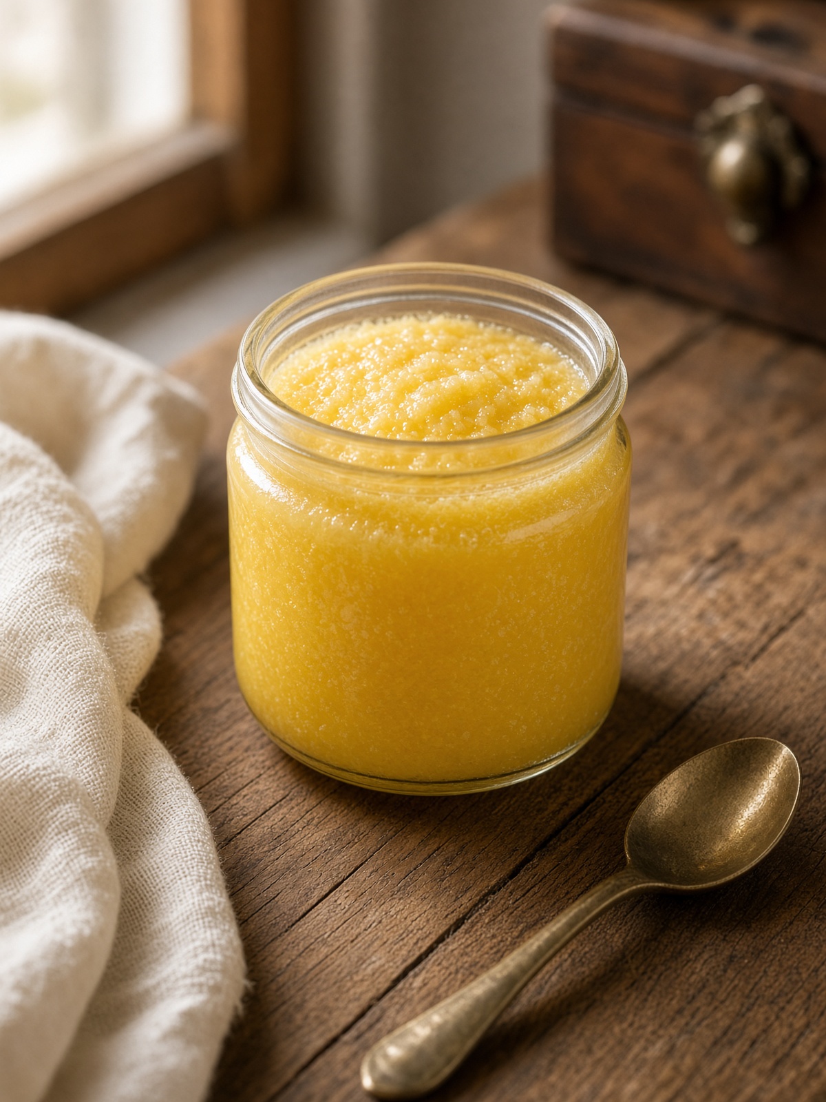 Set A2 bilona cow ghee in a glass jar on teak