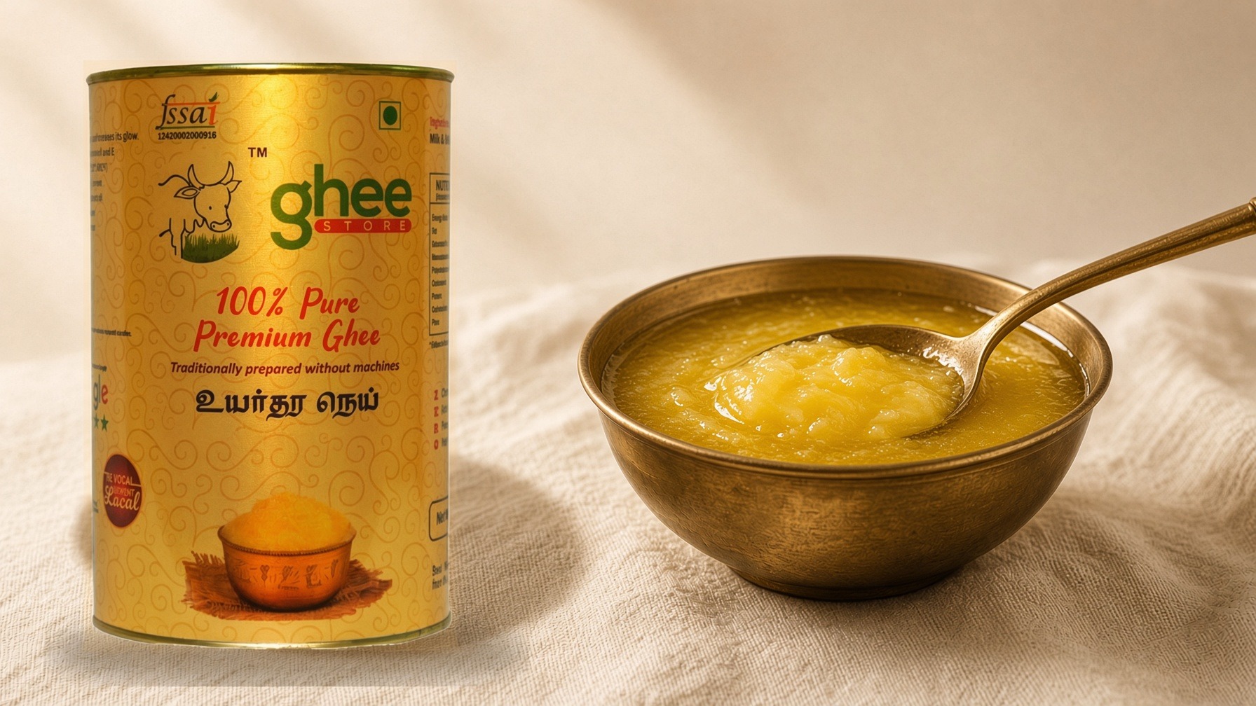 GheeStore 1 kg gold tin of Pure Cow Ghee next to a brass bowl of grainy cow ghee